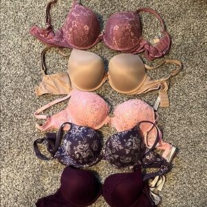 Victoria's Secret Purple and Pink Bras with Lace and Textured Fabric